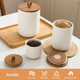 Kendiis Canister Sets for Kitchen, White Ceramic Kitchen Canisters for Countertop with Airtight Wood Lids, Large Flour and Sugar Containers for Coffee, Tea, Spice (Set of 3)