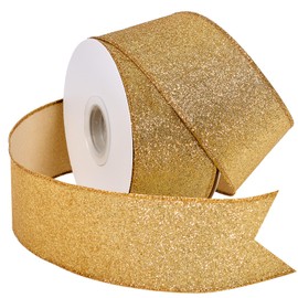YAMA Glitter Wired Ribbon, Gold, 2-1/2 inch x 20 Yards, for Christmas, Gift Wrapping, Wreath, Crafts, Bow Making and Party Decoration