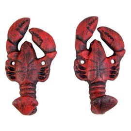 Primitive Cast Red Lobster Wall Hooks, 5 1/2 Inches, Set of 2