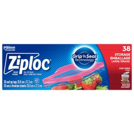 Ziploc Large Food Storage Bags, Grip 'n Seal Technology for Easier Grip, Open and Close, 38 Count