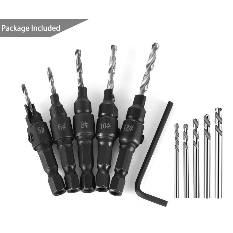 Saipor 5pcs Wood Countersink Drill Bit Set Hex Shank Quick