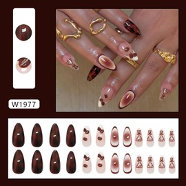 24Pcs Medium Press on Nails Almond Fall Fake Nails Brown French Tip Acrylic Nails with Designs False Nails Glossy Glue on Nails Autumn Artificial Glue on Nails Medium Stick on Nails for Women Manicure