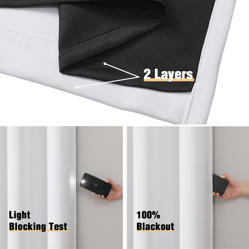 ChrisDowa White 100% Blackout Curtains for Bedroom with Black Liner,