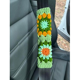 Hosootan Crochet Car Seat Belt Cover Pads,Cute Car Mirror Rainbow,Car Interior Accessories Decorations for Women (A,Multicolor Sunflower)