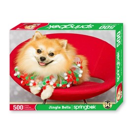 Springbok's Jingle Bells 500 Piece Jigsaw Puzzle is a Dog Lovers Dream Featuring a Festive Pomeranian Pup in Her Holiday Best