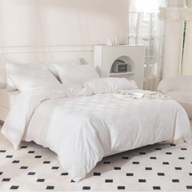 JELLYMONI Bright White Duvet Cover Queen Size - 3PCS Microfiber Tufted Duvet Cover Set, Boho Textured Duvet Cover Jacquard Rhombus Geometric Pattern Duvet Cover with Corner Ties & Zipper Closure