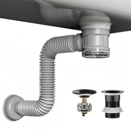Bathroom Sink Drain Kit with Flexible Expandable Pipe: Odor-Free & Backflow-Preventing, Space-Saving Design without a P-trap, For 1-1/4'' & 1-1/2'' Drain Hole (Black, Without Overflow)