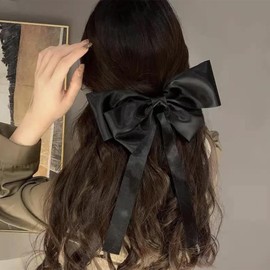 Andelaisi Vintage Bow Hair Clips Black Silk Bowknot Hair Barrettes French Silk Bow Hair Clip Barrette Large Bow Hair Accessories French Bowknot Clip Headpiece for Women and Girls Headdress