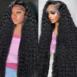 SHUQISH Deep Wave Lace Front Wigs Human Hair Pre Plucked 200 Density 13x6 HD Lace Frontal Human Hair Wigs Curly Wig Human Hair Baby Hair Natural Black Water Wave Human Hair Wig (18inch)