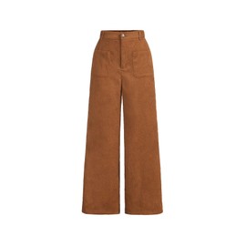 WDIRARA Girl's Solid Corduroy Wide Leg Pants Button Front Zipper Straight Pants with Pockets Brown 11Y