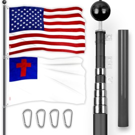 G128 Combo Pack: 25 Ft Telescoping Aluminum Flagpole (Black) & American and Christian Flags 3x5 Ft, Both ToughWeave Series Embroidered Polyester | Pole with Flags Included