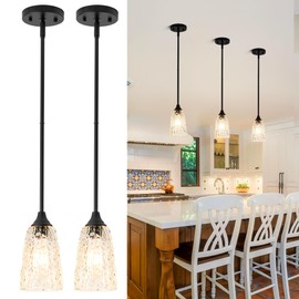 SADUENFR Black Pendant Lights Kitchen Island 2 Pack, Hammered Glass Pendant Light Fixtures with Clear Glass and Rods, Adjustable Modern Hanging Light for Kitchen Sink Dining Room Bedroom, E26