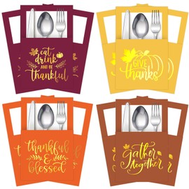 Whaline 100Pcs Thanksgiving Paper Silverware Bags Foil Gold Give Thanks Cutlery Holders Autumn Harvest Utensil Paper Bag Pocket for Fall Dinner Table Decor