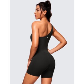 CRZ YOGA Butterluxe One Shoulder Athletic Rompers for Women Removable Padded Shorts Jumpsuit One Piece Stretchy Bodysuit Black Medium