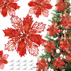 OCTERIC 36 Pcs Christmas Glitter Poinsettia Flowers Artificial Flower Ornaments Fake Flower Christmas Tree Decorations Glitzy Poinsettia with Clips for DIY Xmas Wreaths Holiday Home Party Decor (Red)