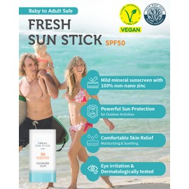 GOONGBE Fresh Sun Stick Mild SPF 50 - No White Cast Zinc Oxide Mineral Sunscreen Stick Balm - Non Greasy Soft Matte Finish - Travel Friendly for Babies, Kids & Adults - Vegan, Reef-Safe, 0.49oz.
