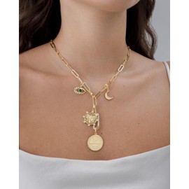PAVOI 14K Yellow Gold Plated Lariat Necklace for Women | Statement Paperclip Chain with Removable Charms – Evil Eye, Moon, Bumble Bee, Arrow, and Gemstone Disc | Elegant Gold Jewelry