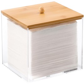 Puricon Acrylic Disposable Facial Towels Holder, Clear Storage Bin with Wood Lid Compatible with Clean Skin Club Towel (NOT Included), Face Towelettes Container for Bathroom Counter -Nature