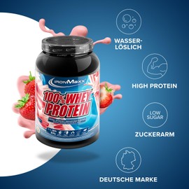 IronMaxx 100% Whey Protein Pulver - Erdbeer 900g Dose | zuckerreduziertes, wasserlösliches Eiweißpulver aus Molkenprotein | viele verschiedene Geschmacksrichtungen