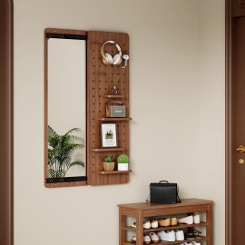OVS Multifunctional Design Panel Mirror with Shelf and Hooks,Entry Way Mirrors for Wall,Wall Mirror with Storage, Living Roomcolor: Bronze, size: 47.6*15.7 inch