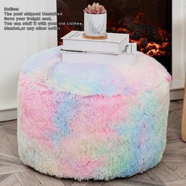 Asuprui Pouf Ottoman Unstuffed Round Bean Bag Poof Ottoman Seat Soft Faux Fur Footrest Stool 20x20x12 Inches Fuzzy Chair Floor Chair Foot Rest with Storage for Living Room Bedroom Rainbow Pouf Cover