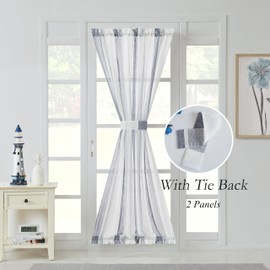 Central Park White French Door Curtain Navy Blue Stripe Sheer Panels Boucle Linen Texture Drapes Rod Pocket Yarn Dyed Woven Window Treatment for Living Room with Tieback (50" Wx 72" L, 2 Panels)