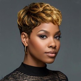 Short Pixie Wig, Layered Honey Blonde Highlights Heat Resistant Synthetic Hair Wigs for Women Mixed Blonde Brown Hairstyles Short Haircut Wig Synthetic Hair (Ombre Brown)