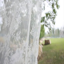 MYAYD Lace Curtain, Pack of 2 Kitchen Curtains, Floral Embroidered Curtains, Knitted Jacquard Curtain for Bedroom, Living Room, Gauze, Retro Style, Vintage W 150 x H 200 cm (White)