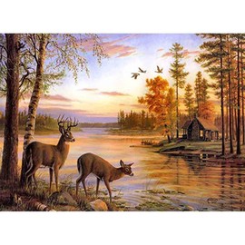 5D Diamond Painting Diamond Painting Pictures, Wowdecor Deer Elk Lake Tree Sunset Landscape Animals Full Set Large DIY Diamond Painting by Numbers