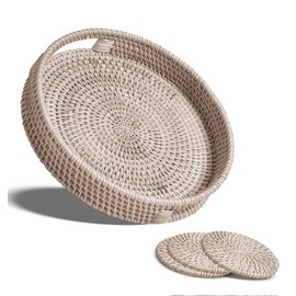 JJ COZY HOME Round Rattan Tray With 3 Coasters – 12 ″ Serving Tray With Handles – Decorative Trays For Coffee Table – Hand Woven Basket Tray For Organization - Centerpiece Tray For Décor - Whitewash