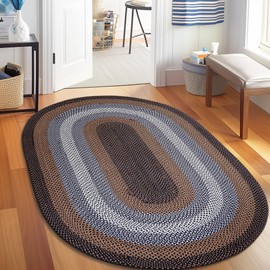 Super Area Rugs Rustic Black/Ivory/Brown Oval Braided Rug for Entryway/Foyer, Washable Outdoor Rug for Patio/Porch 3' x 5' Oval