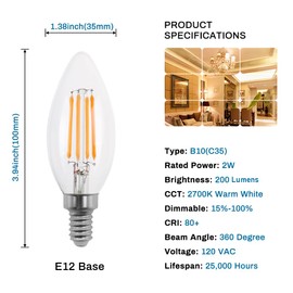 Candelabra Led Bulbs Dimmable, 2W Dimmable E12 Chandelier Light Bulbs, 2700K, B11 C35 Filament Led Candle Light Bulbs (Warm White, 6 Pack)