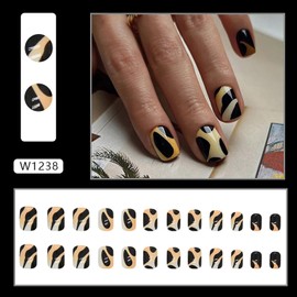 Vezocim Fall Press on Nails Square Short, 24Pcs Glossy Artificial Fake Nails with Black and Yellow Designs, Full Cover Acrylic Coffin False Fingernails with Charm for Women Girls