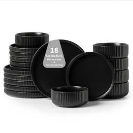FOBENTA Modern Plates and Bowls Set for 6,18 Piece Black Ceramic Dinnerware for Stylish Families – Microwave Safe Dish Set for Daily Dining