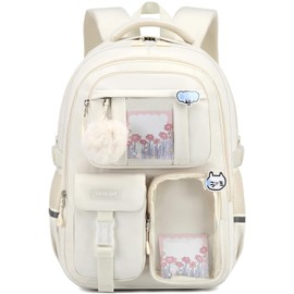 VANKANY Large Backpack for Teen Girls, Cute Aesthetic School Backpacks with for Middle High School Students, Designer ITA Backpack for Kids Bookbag, Beige