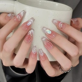 Pure Handmade Nails Press on Nail Reusable Fake Nails Bead Decorated French Cat's Eye Nude Medium Stick on Nails French Tip False Nails 10pcs (M, Q270)