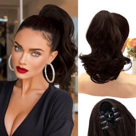 NAYOO Claw Clip Ponytail Extension Dark Brown 11" Short Wavy Ponytail Clip in Hair Extensions for Women Curly Natural Layered Pony Tails for Short Thin Hair Synthetic Hairpiece(Dark Brown)