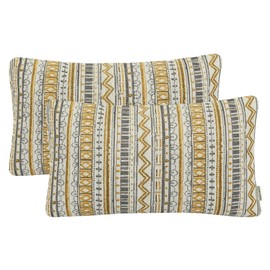 Mika Home Pack of 2 Rectangle Decorative Pillow Cases Throw Pillow Covers for Home Decoration, Bohemian Striped Geometric Pattern, 12x20 Inches, Gold Grey Cream