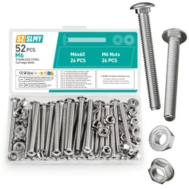 52 Pcs M6 Coach Bolts, M6 x 60mm Cup Square Carriage Bolts and Nuts Set, Stainless Steel Coach Screws with Hexagon Flange Nuts (52, M6*60mm)