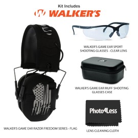 Walker's Razor Freedom Series US Flag Electronic Earmuffs Bundle Game Ear Sport Glasses - Clear Lens, Weather-Resistant Storage Case, ‎One Size, Black