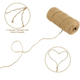 328 Feet 3mm (0.12 inch) Natural Thick Jute Twine, Heavy Duty String for DIY Arts Crafts, Gift Packing String, Wedding Decorations, Gardening, Party Decorations