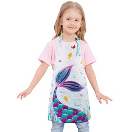 WERNNSAI Mermaid Apron for Kids Girls Polyester Waterproof Apron for Kitchen Cooking Painting Gardening Baking Baby Toddler Bib Aprons with Pocket Adjustable Strap(Small, 6-10 Years)