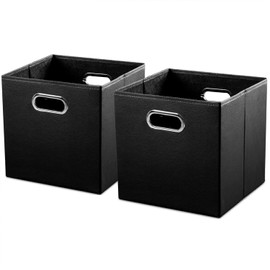 PRANDOM Leather Foldable Cube Storage Bins 13x13 inch [2-Pack] Fabric Storage Baskets Cubes Drawer with Cotton Handles Organizer for Shelves Nursery Closet Bedroom Clothes Black