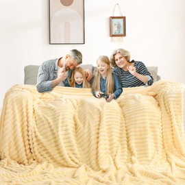 Excervent Solid Striped Oversized Flannel Fleece Blanket (120x120 inches) Cozy Throw Blankets for Couch Sofa and Bed, King Size 10'*10' Super Soft Blankets for Household Bedroom, Light Yellow