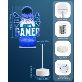 Gamer Pro Night Light, Gamepad Graphic Video Games Gift Funny 3D Illusion Lamp 7 Colors Changing Touch, Gaming light, 3D USB light, bedroom decoration for gaming fans, children, men, boys and girls