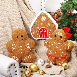 Oudain 3 Pcs Christmas Gingerbread Series House Pillows Plush Faux Rabbit Fur Roof Embroidered Teddy Sherpa Xmas Gingerbread Throw Home Pillow for Christmas Party Couch Living Bedroom