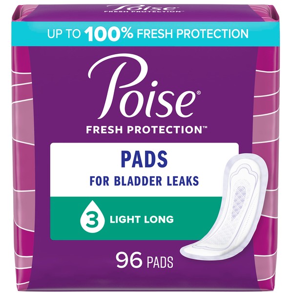 Poise Incontinence Pads & Postpartum Incontinence Pads, 3 Drop Light Absorbency, Long Length, 96 Count (4 Packs of 24), Packaging May Vary