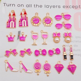 Julie Wang 48pcs Bright Pink Enamel Charms Alloy Mixed Makeup Lipstick Bow Pendants for Women Jewelry Necklace Earrings Bracelet DIY Making