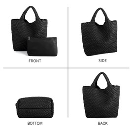 SHARPAD Woven Beach Tote Bag, Women Macaron Soft Leather Weave Handbag with Purse Top-handle Handbag for Work Travel (Black)