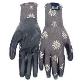 MUD Simply Women's Daisy Printed Nitrile Coated Palm Garden Gloves, Superior Grip, Extreme Comfort, Gray, Small/Medium, (MD31001G-WSM)